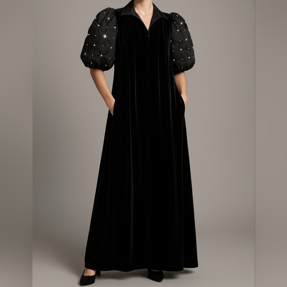 Sz S Late 70s-80s Vintage David Brown for Saks Black Velvet Zipup Gown/Maxi Coat